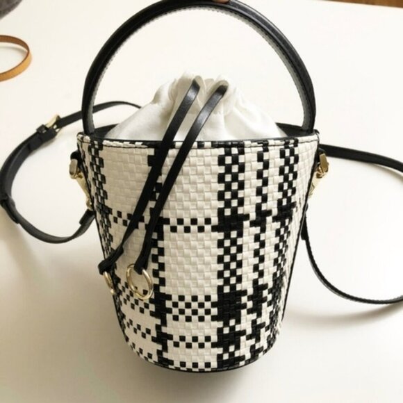 Cafuné Mini Woven Leather Bucket Hand Bag Basket Hobo Modern Plaid Preppy Purse - Picture 5 of 8